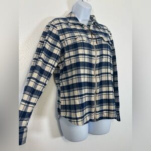 Chaps Denim Plaid Zip Up Shirt Jacket SzM Blue Cream Flannel Shacket Preppy